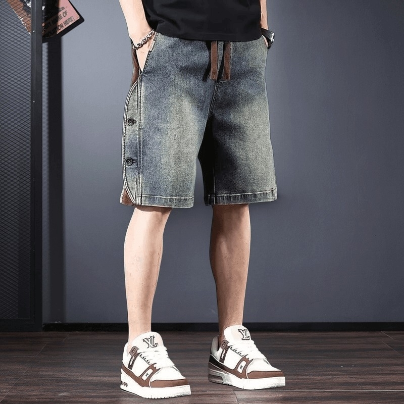 Denim rövidnadrág, amerikai retro stílus, egyenes szabás, középmagas derék, mosott kopott felület