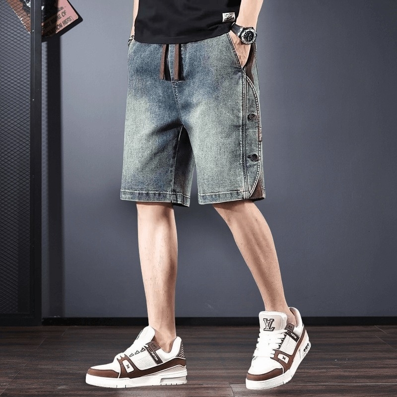 Denim rövidnadrág, amerikai retro stílus, egyenes szabás, középmagas derék, mosott kopott felület