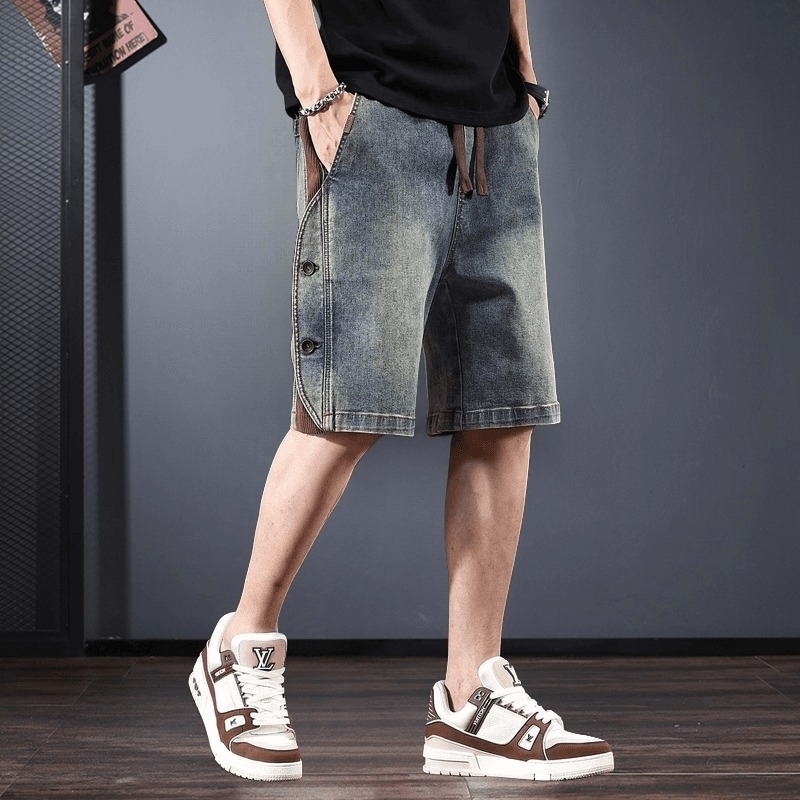 Denim rövidnadrág, amerikai retro stílus, egyenes szabás, középmagas derék, mosott kopott felület