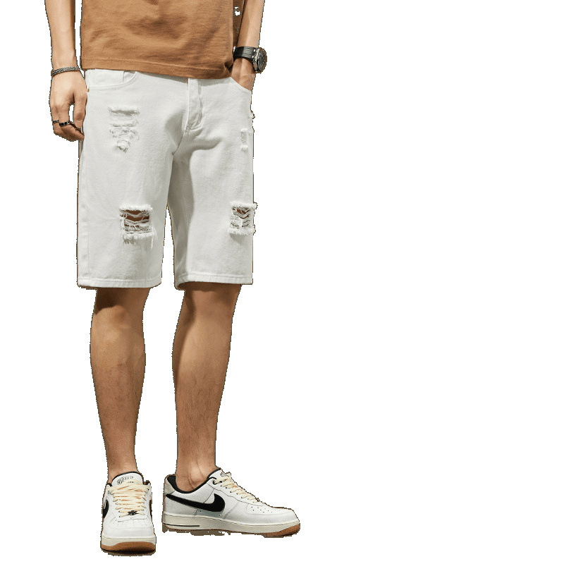 Muške džins šorceve, tanak denim, ravni kroj, poderotine, mladenački stil