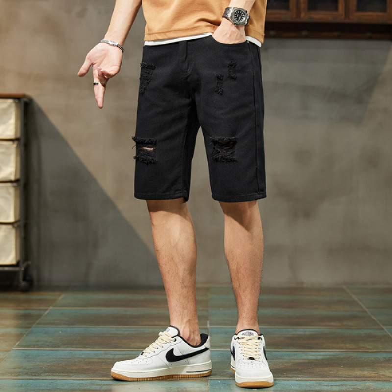 Muške džins šorceve, tanak denim, ravni kroj, poderotine, mladenački stil