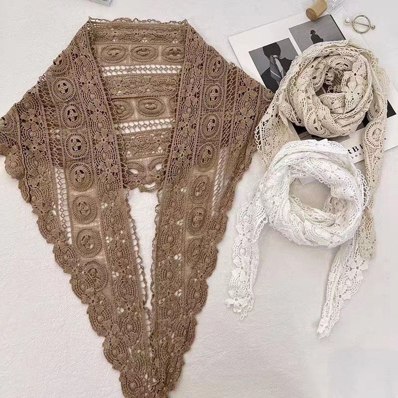 Trojkutni šal od pamuka s hollow crochet čipkom, warp-knit tkanina, zaštita od prašine, za sve sezone
