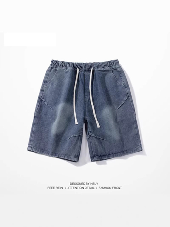 Férfi denim rövidnadrágok - kopott hatású, koreai stílus, laza egyenes szabás, 85% poliészter, nyár
