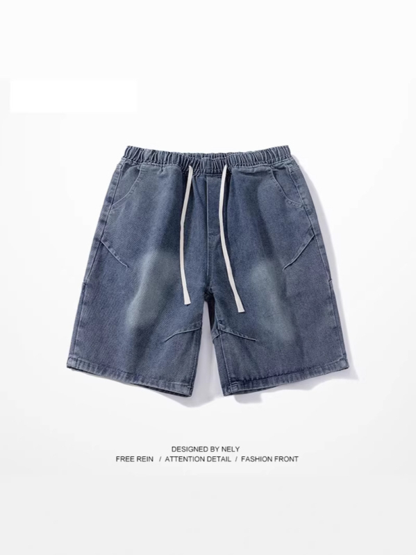 Férfi denim rövidnadrágok - kopott hatású, koreai stílus, laza egyenes szabás, 85% poliészter, nyár