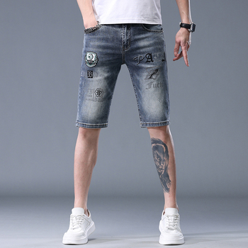 Muške traper šorceve s izvezenim printom, elastični pamuk denim, ležerni ravni kroj, korejski stil, ljeto
