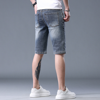 Muške traper šorceve s izvezenim printom, elastični pamuk denim, ležerni ravni kroj, korejski stil, ljeto