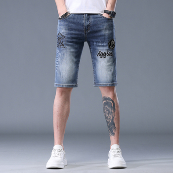 Muške traper šorceve s izvezenim printom, elastični pamuk denim, ležerni ravni kroj, korejski stil, ljeto