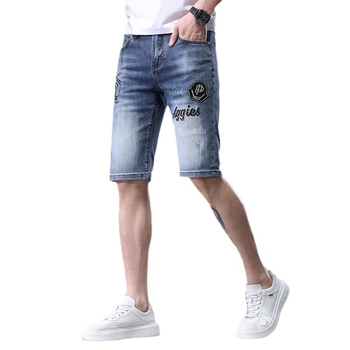 Muške traper šorceve s izvezenim printom, elastični pamuk denim, ležerni ravni kroj, korejski stil, ljeto