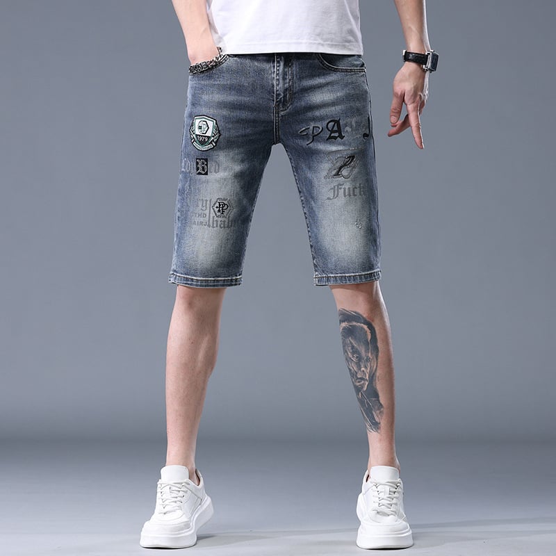 Muške traper šorceve s izvezenim printom, elastični pamuk denim, ležerni ravni kroj, korejski stil, ljeto