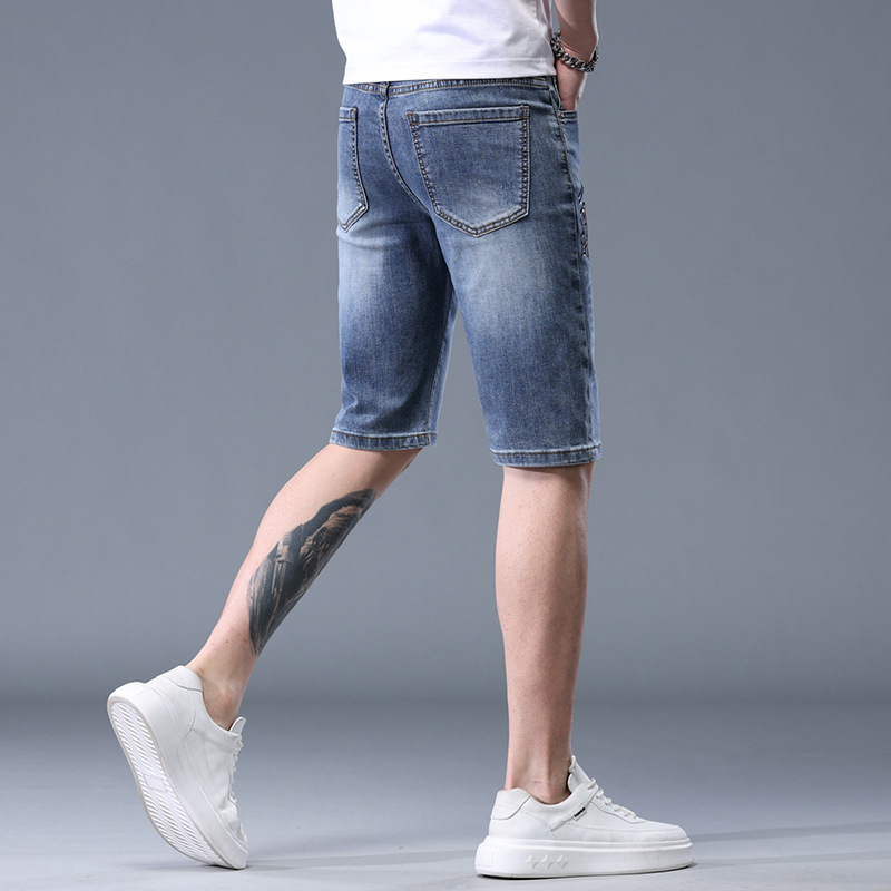 Muške traper šorceve s izvezenim printom, elastični pamuk denim, ležerni ravni kroj, korejski stil, ljeto