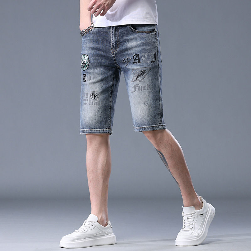 Muške traper šorceve s izvezenim printom, elastični pamuk denim, ležerni ravni kroj, korejski stil, ljeto