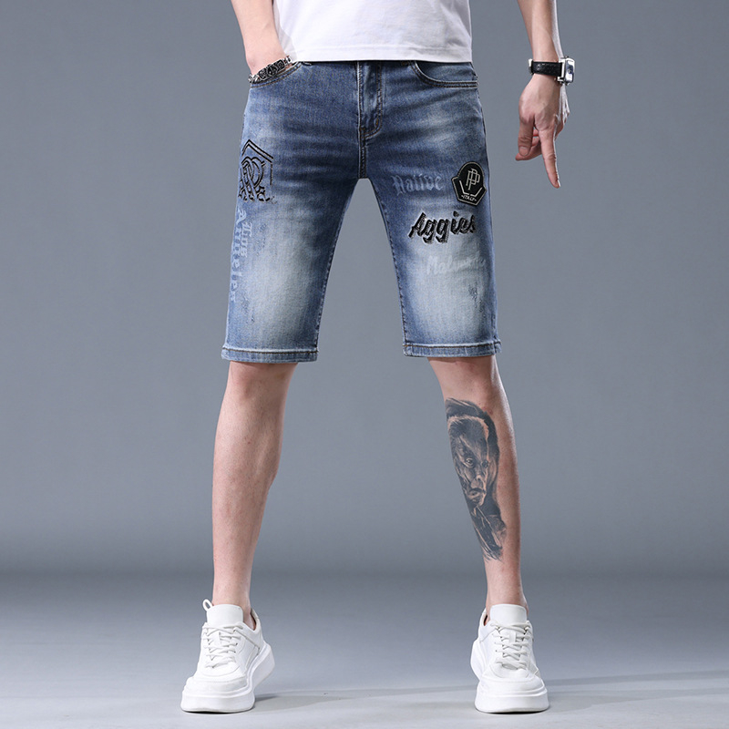 Muške traper šorceve s izvezenim printom, elastični pamuk denim, ležerni ravni kroj, korejski stil, ljeto
