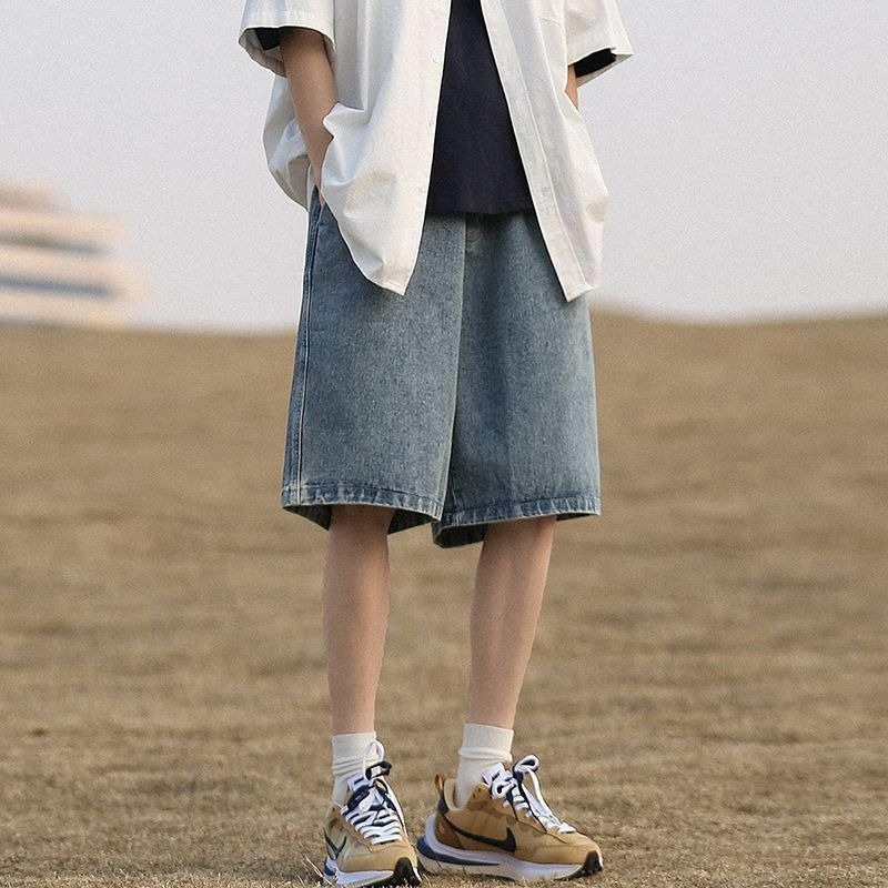 Muške traper šorc u japanskom retro stilu – labav ravni kroj, srednji struk, zatvarač