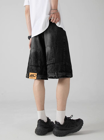 Férfi denim rövidnadrág - magas derék, gombos előrész, egyenes szabás, hossz 5/4, könnyű acetát anyag, mikroelasztikus, nyári casual