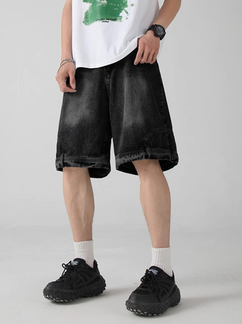 Férfi denim rövidnadrág - magas derék, gombos előrész, egyenes szabás, hossz 5/4, könnyű acetát anyag, mikroelasztikus, nyári casual