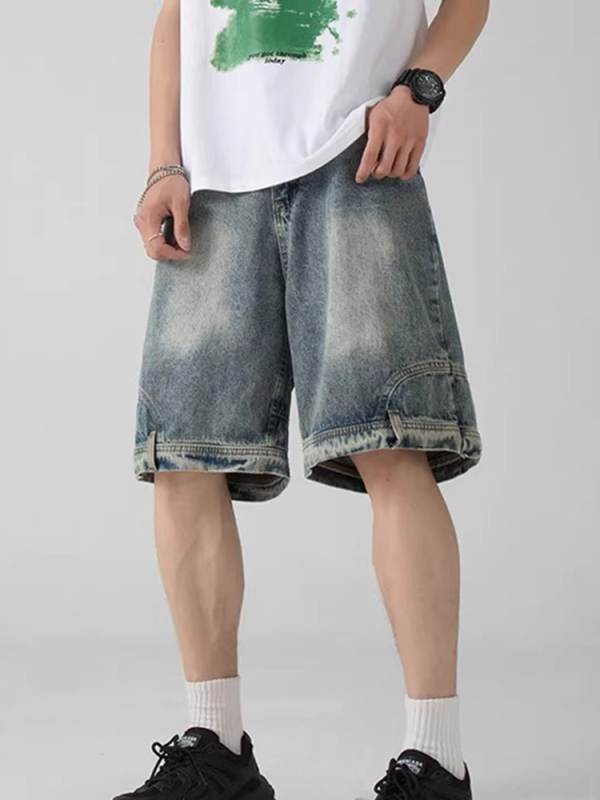 Férfi denim rövidnadrág - magas derék, gombos előrész, egyenes szabás, hossz 5/4, könnyű acetát anyag, mikroelasztikus, nyári casual