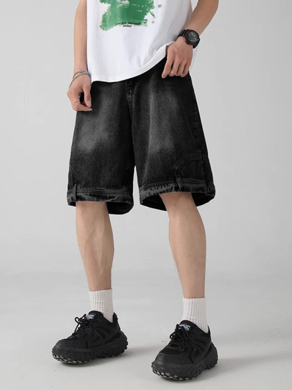 Férfi denim rövidnadrág - magas derék, gombos előrész, egyenes szabás, hossz 5/4, könnyű acetát anyag, mikroelasztikus, nyári casual