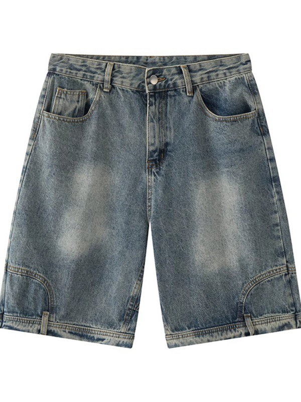 Férfi denim rövidnadrág - magas derék, gombos előrész, egyenes szabás, hossz 5/4, könnyű acetát anyag, mikroelasztikus, nyári casual