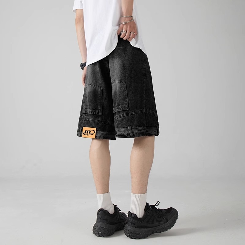 Férfi denim rövidnadrág - magas derék, gombos előrész, egyenes szabás, hossz 5/4, könnyű acetát anyag, mikroelasztikus, nyári casual