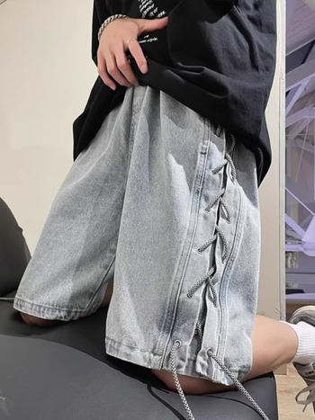 Férfi denim rövidnadrág, utcai stílus, nehéz denim, egyenes szabás, capri hossz, 100% pamut, nyár 2025