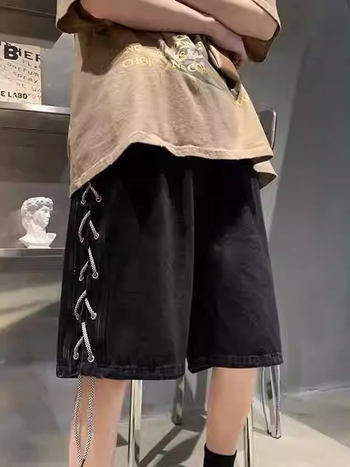 Férfi denim rövidnadrág, utcai stílus, nehéz denim, egyenes szabás, capri hossz, 100% pamut, nyár 2025