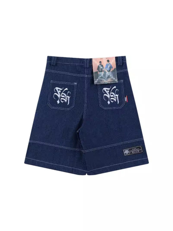 Traper šortsevi s izvezkom cvjetnog natpisa, do koljena, hip-hop stil (pamuk denim; 100% pamuk; ljeto 2024)