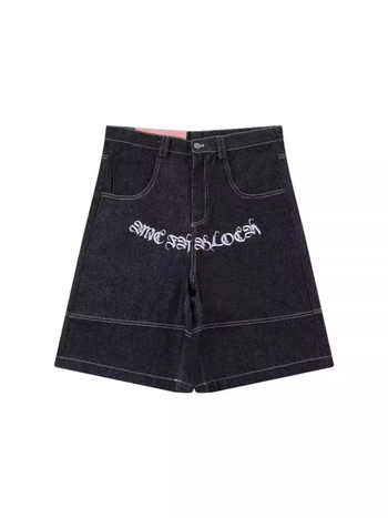 Traper šortsevi s izvezkom cvjetnog natpisa, do koljena, hip-hop stil (pamuk denim; 100% pamuk; ljeto 2024)
