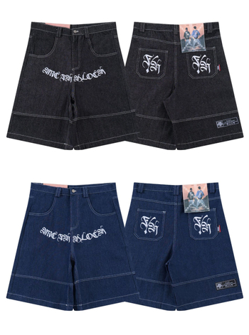 Traper šortsevi s izvezkom cvjetnog natpisa, do koljena, hip-hop stil (pamuk denim; 100% pamuk; ljeto 2024)