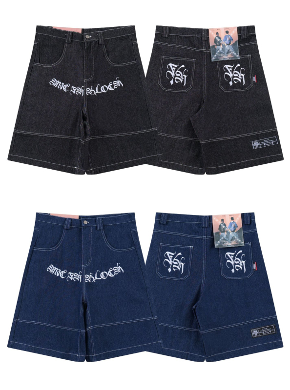 Traper šortsevi s izvezkom cvjetnog natpisa, do koljena, hip-hop stil (pamuk denim; 100% pamuk; ljeto 2024)