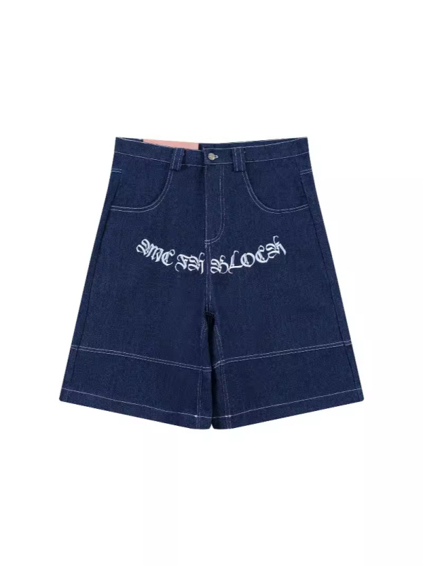 Traper šortsevi s izvezkom cvjetnog natpisa, do koljena, hip-hop stil (pamuk denim; 100% pamuk; ljeto 2024)