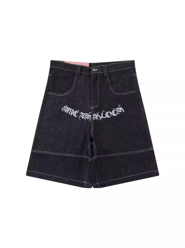 Traper šortsevi s izvezkom cvjetnog natpisa, do koljena, hip-hop stil (pamuk denim; 100% pamuk; ljeto 2024)