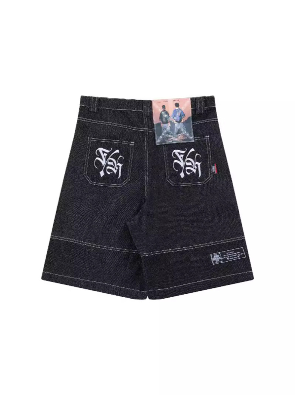 Traper šortsevi s izvezkom cvjetnog natpisa, do koljena, hip-hop stil (pamuk denim; 100% pamuk; ljeto 2024)