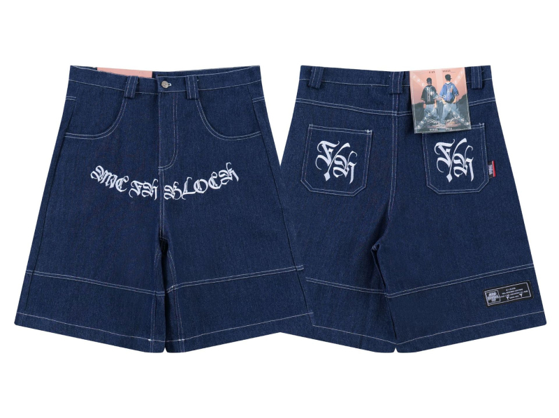 Traper šortsevi s izvezkom cvjetnog natpisa, do koljena, hip-hop stil (pamuk denim; 100% pamuk; ljeto 2024)