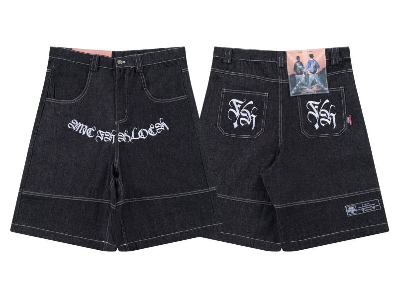 Traper šortsevi s izvezkom cvjetnog natpisa, do koljena, hip-hop stil (pamuk denim; 100% pamuk; ljeto 2024)