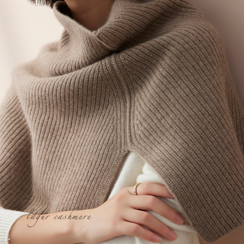 100% kasmír kötött poncsó magas gallérral és sállal, meleg télen