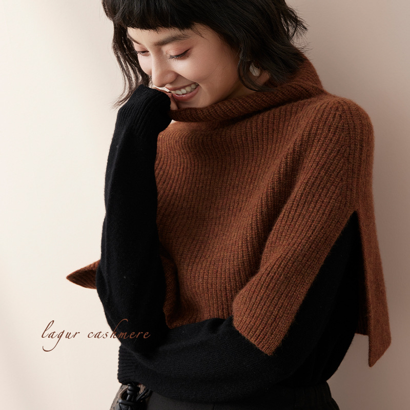 100% kasmír kötött poncsó magas gallérral és sállal, meleg télen