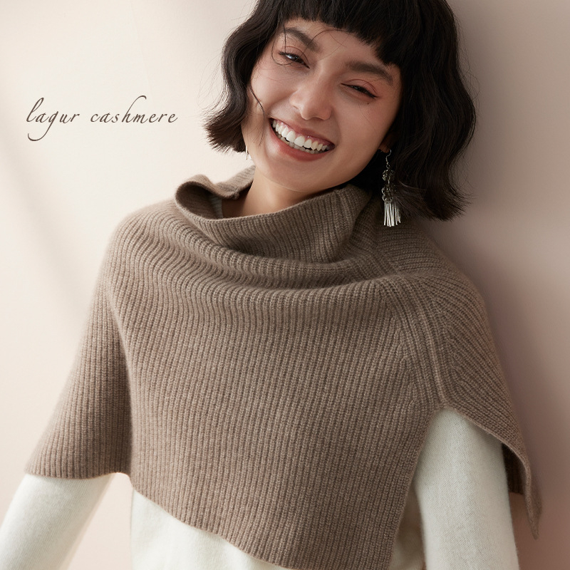 100% kasmír kötött poncsó magas gallérral és sállal, meleg télen