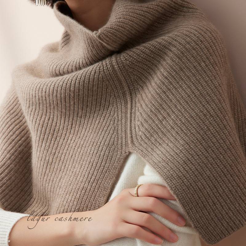 100% kasmír kötött poncsó magas gallérral és sállal, meleg télen