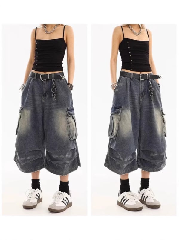 Pamut denim farmernadrág több zsebbel, laza szabás, cropped hossz, utcai stílus