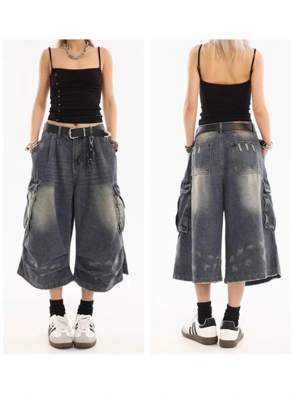 Pamut denim farmernadrág több zsebbel, laza szabás, cropped hossz, utcai stílus