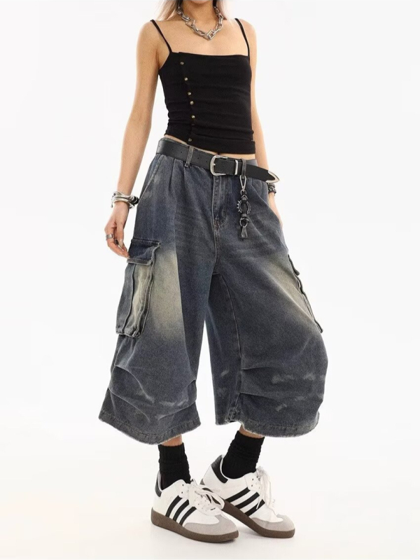 Pamut denim farmernadrág több zsebbel, laza szabás, cropped hossz, utcai stílus