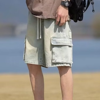 Muške traper šorceve, vintage japanskog stila, opuštena ravna silueta, srednji pojas, oprano završetak