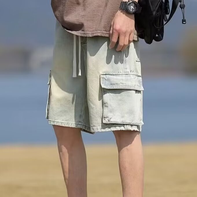 Muške traper šorceve, vintage japanskog stila, opuštena ravna silueta, srednji pojas, oprano završetak