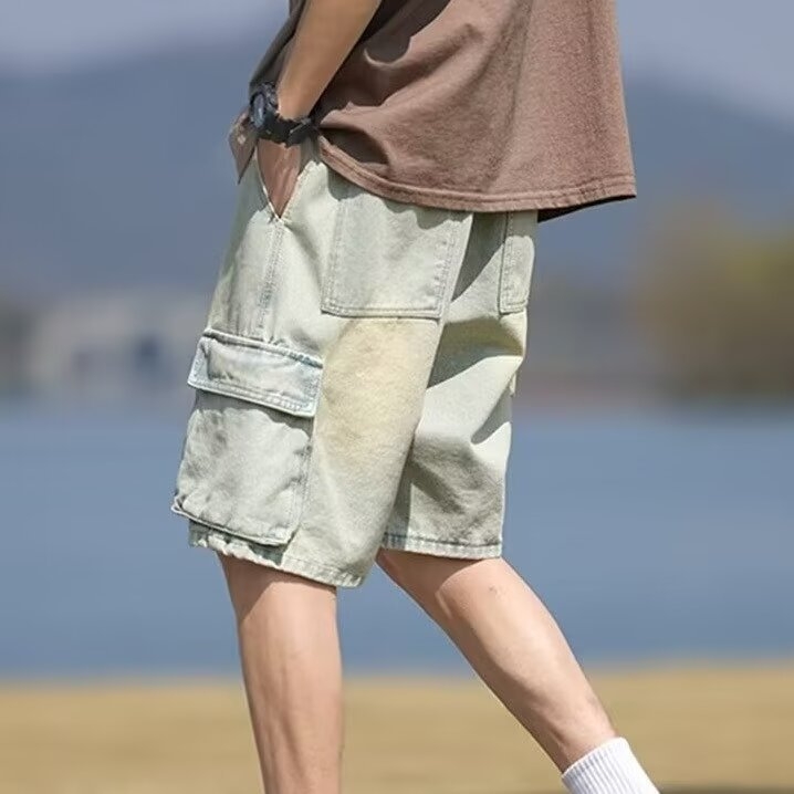 Muške traper šorceve, vintage japanskog stila, opuštena ravna silueta, srednji pojas, oprano završetak