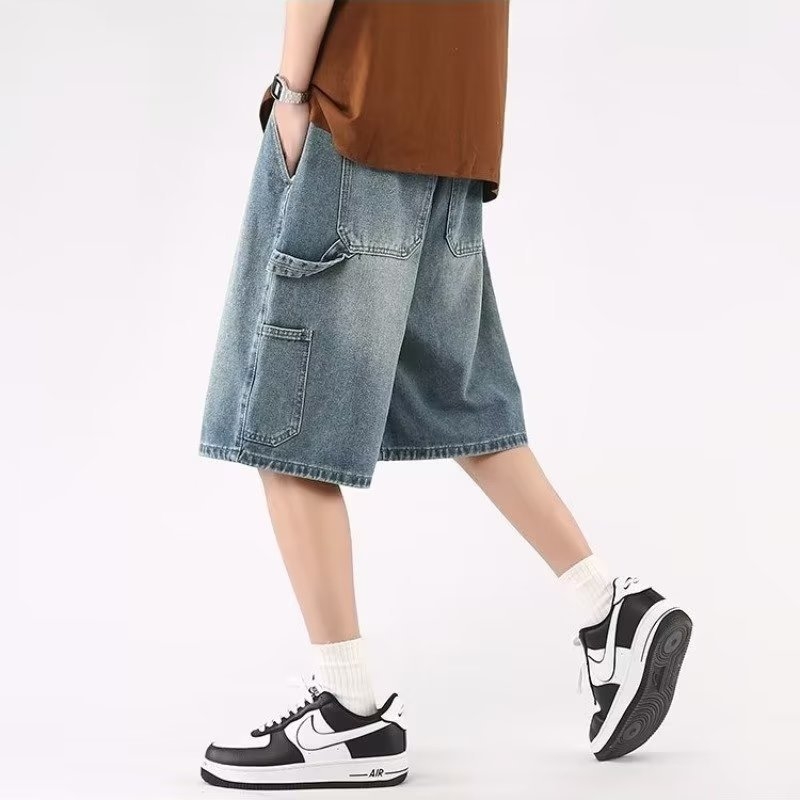 Muške traper šorceve, Harajuku stil, ljeto 2023, ravni kroj, poliester tkanina