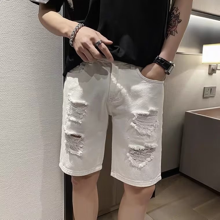 Muške traper kratke hlače, korejski stil, ravni kroj, srednji pojas, ispran džins s pamukom i mikroelastičnošću