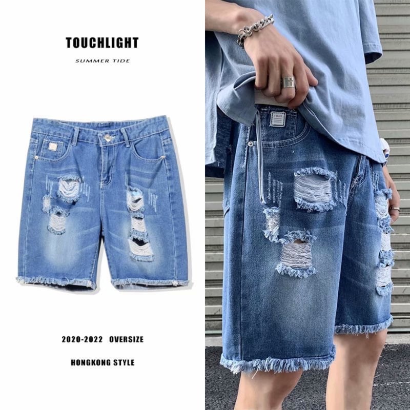 Razderani muški traper šorcovi - labav kroj, srednji pojas, zip zatvarač, opran pamuk denim