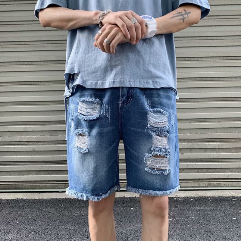 Razderani muški traper šorcovi - labav kroj, srednji pojas, zip zatvarač, opran pamuk denim
