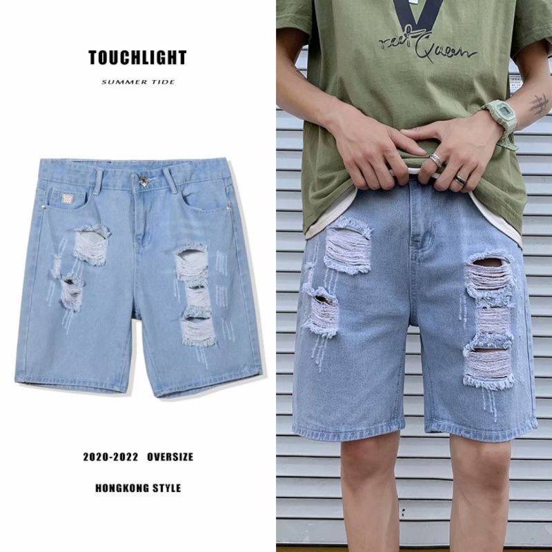 Razderani muški traper šorcovi - labav kroj, srednji pojas, zip zatvarač, opran pamuk denim