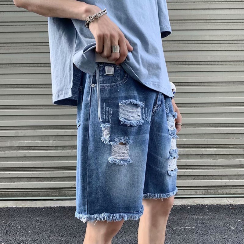 Razderani muški traper šorcovi - labav kroj, srednji pojas, zip zatvarač, opran pamuk denim